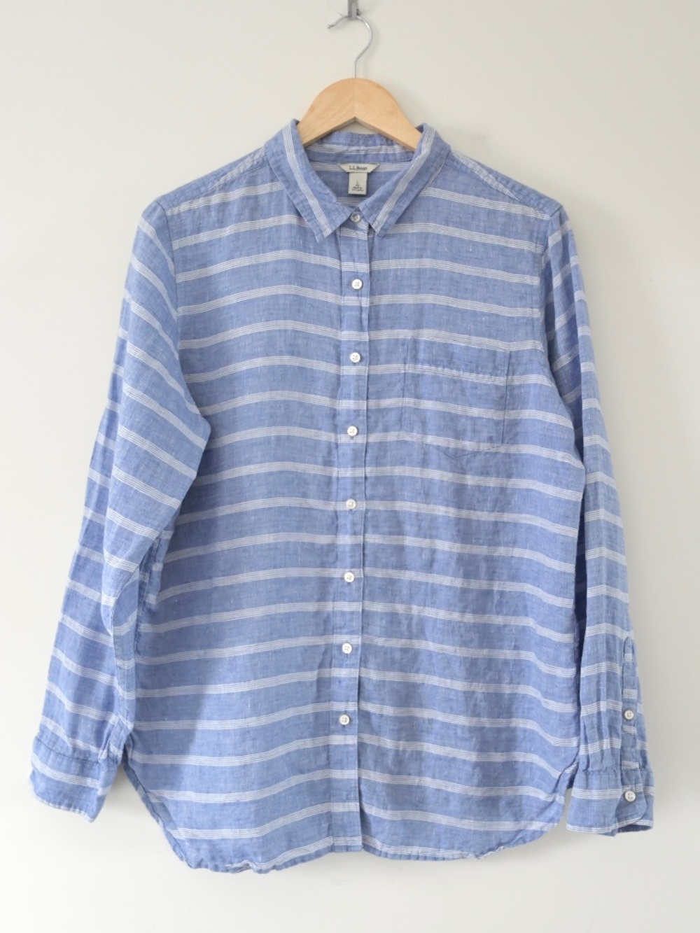 L.L. Bean Linen Blue White Stripe 100% Linen Shirt L